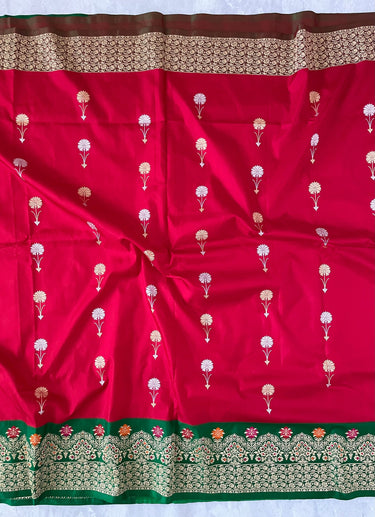 Banarasi Katan Silk thread work saree | Kadwa weave |  Kadiyal Border | Red | Handwoven | Silk Mark | Ships from California